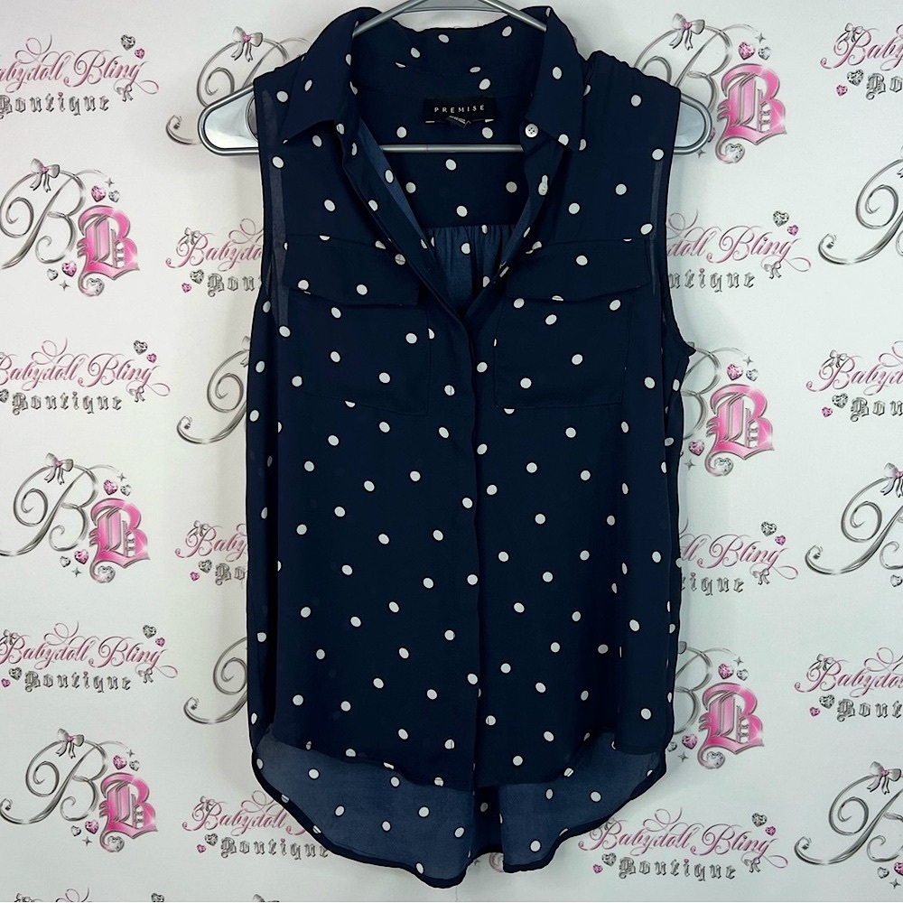 Premise tank top blouse pockets dotted nautical Navy Polka Dot Sleeveless Blouse